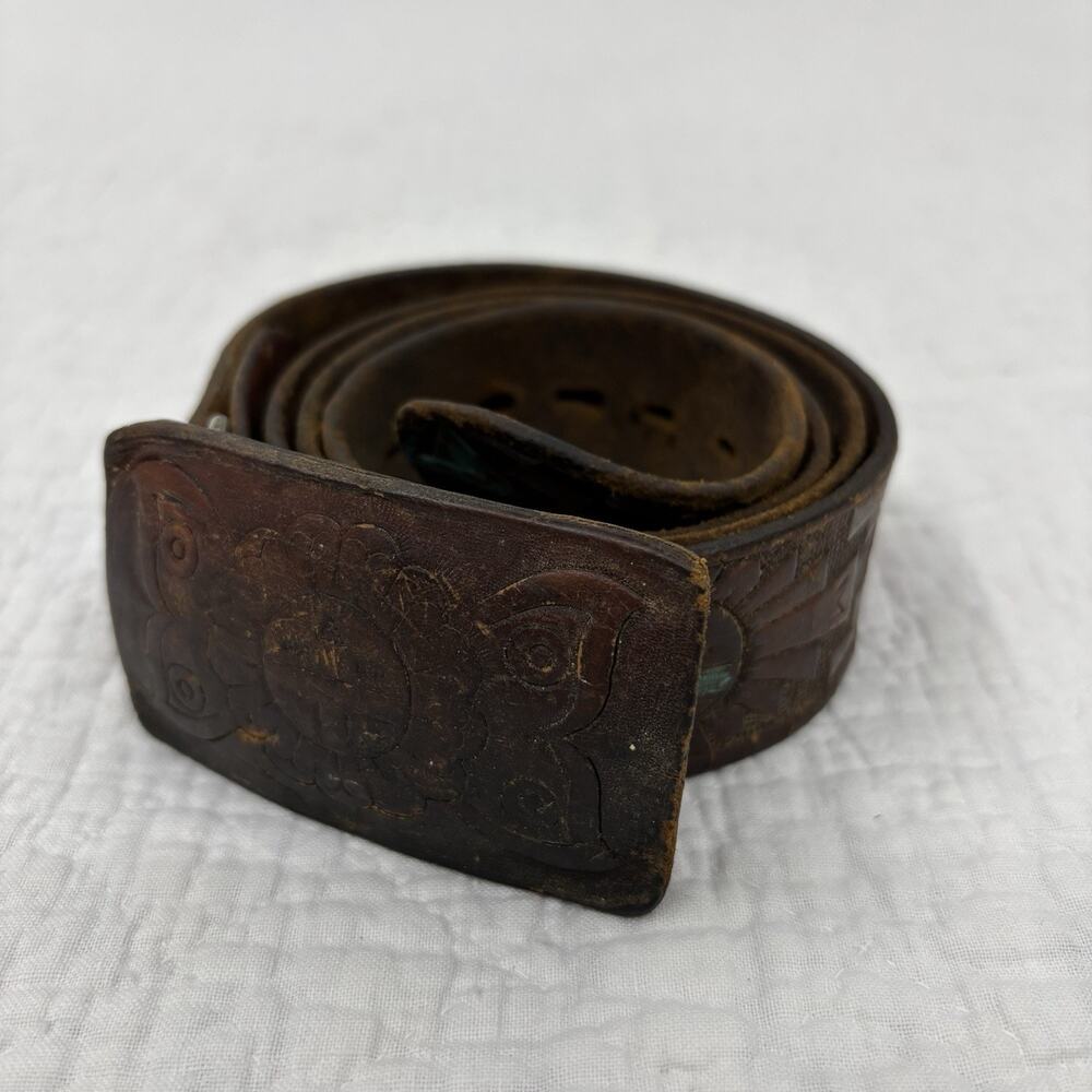 Vintage 70s Tooled Buckle Belt Navajo Geometric Leather Hippie Turquise Paint